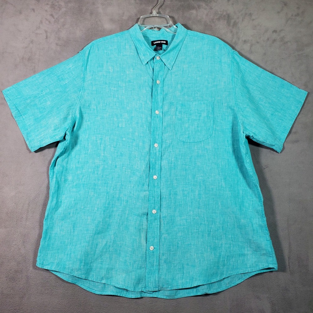 Lands End Shirt Mens XL Blue Linen Short Sleeve Coastal Summer Vacation Resort